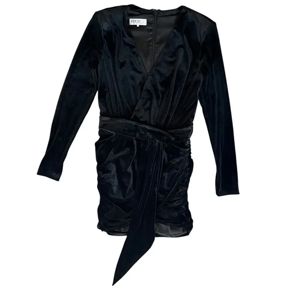 House of CB Women’s Farrah Black Velvet Plunge Neckline Mini Dress Size Large